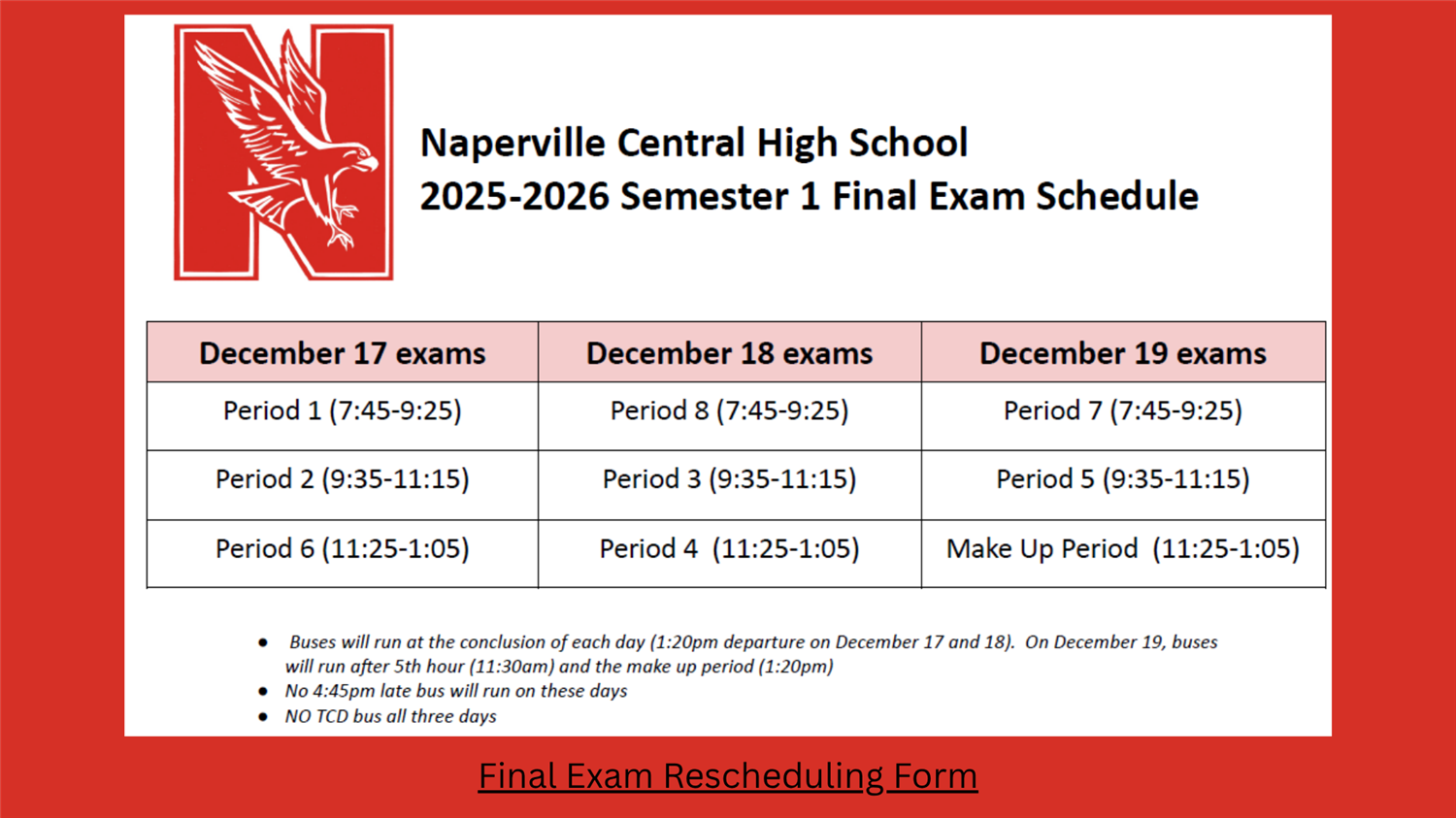  1st semester final exam schedule